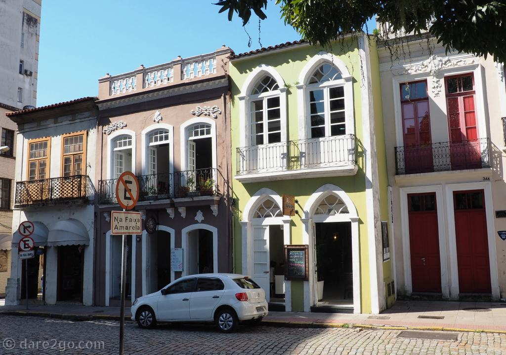 Some of the colourfully renovated historic houses around Praça XV de Novembro in the city centre of Florianópolis