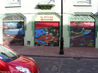 Santiago Centro Whale streetart across 3 doors