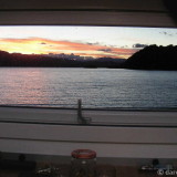 sunset view from camper window at Lago Aluminé in Chile