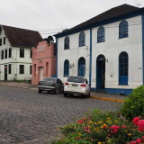 The opposite street corner with historic houses in Antonio Prado, Brazil