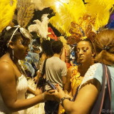 Carnival in Montevideo: nervous participants with family in the staging area