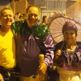 Carnival in Montevideo: Juergen posing with performers in the staging area