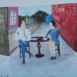 Mural, on a street near the main square of Pan de Azucar, depicting a couple seated at a table surrounded by poems.