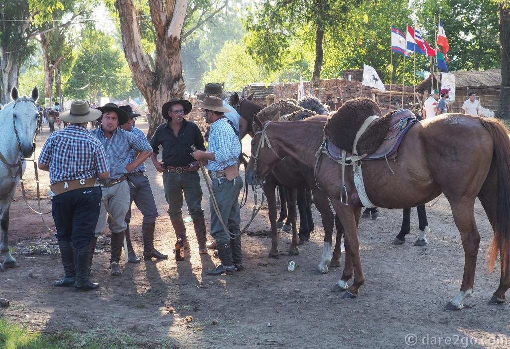 Fiesta de la Patria Gaucha: a group of gauchos waiting with their horses under shade trees for their call into the arena.