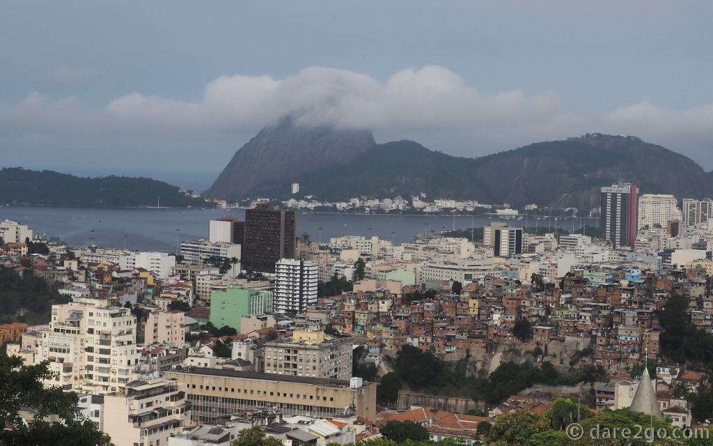 The famous Sugar Loaf in Rio, Pão de Açúcar, as seen from the Parque das Ruínas. Just our luck: it's also covered in clouds.