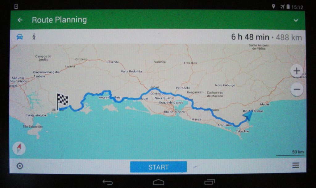 From São João to Ubatuba: in this particular instance I would take the route suggested by Maps.Me. It's the third shortest (only 11 kilometres difference to the shortest) and by-passes all of Rio de Janeiro's city congestions and stress.