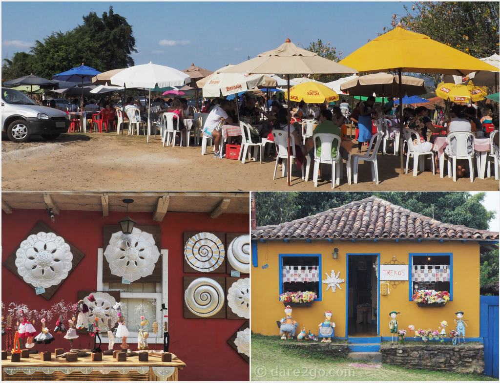 The weekend crowd and craft shops in Lavras Novas.