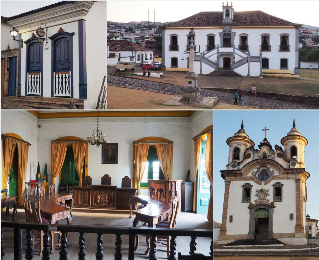 A collage from Mariana: a renovated shop front in the old style, the outside and one room inside the Casa da Câmara e Cadeia, the Igreja de Nossa Senhora do Carmo.