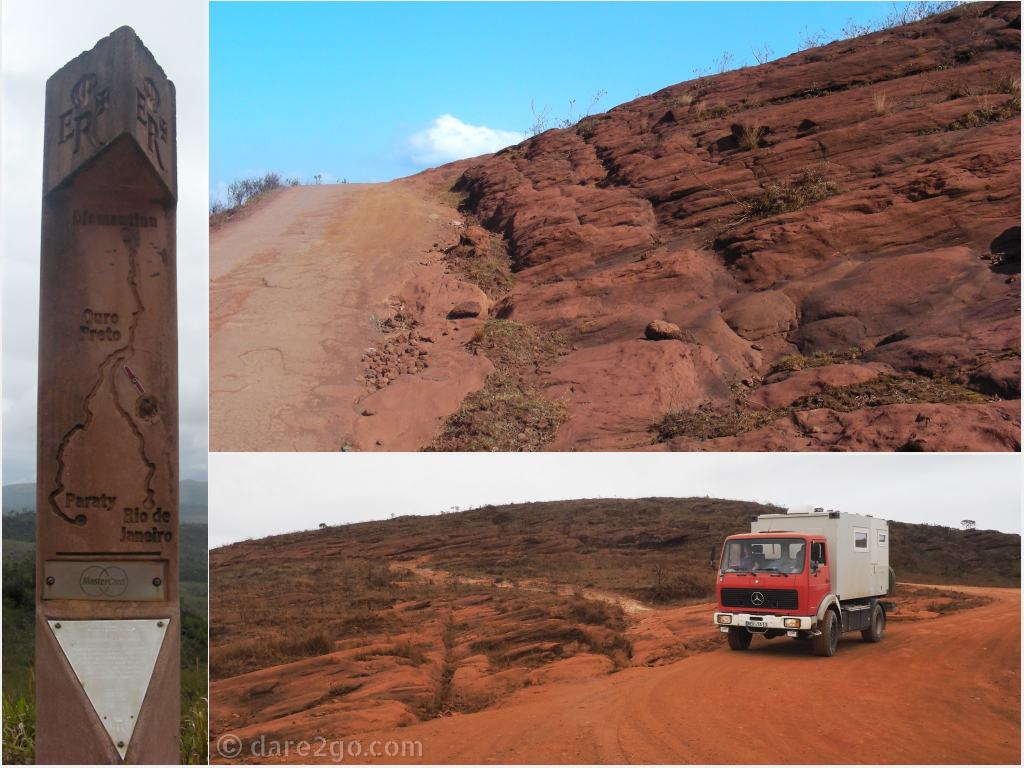 On the left one of the markers which shows an old section of the Estrada Royal, the royal Portuguese road to bring the minerals to the port towns. On the right two photos taken of the red rocks outside Lavras Novas.