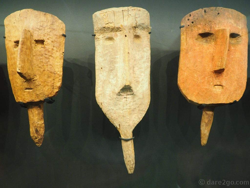These carved wooden heads were used by the Wari when burying their dead. The false head was meant to imitate the face of the deceased and was placed on the outside of the funeral bundle.