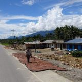 Cocoa beans laid out to dry on the edge of the highway.