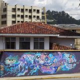 Street art in Cuenca, Ecuador: this long wall is located at a prominent roundabout.