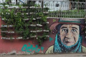 Street art on the cemetery wall in Comuna 13. Note the creative 'hanging garden'! Painted PET bottles hung on wire, each one with a different plant. This is another youth project in the community.