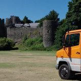 World Heritage Listed castles in Wales: our Bertita parked below the walls surrounding the historic town of Conwy.
