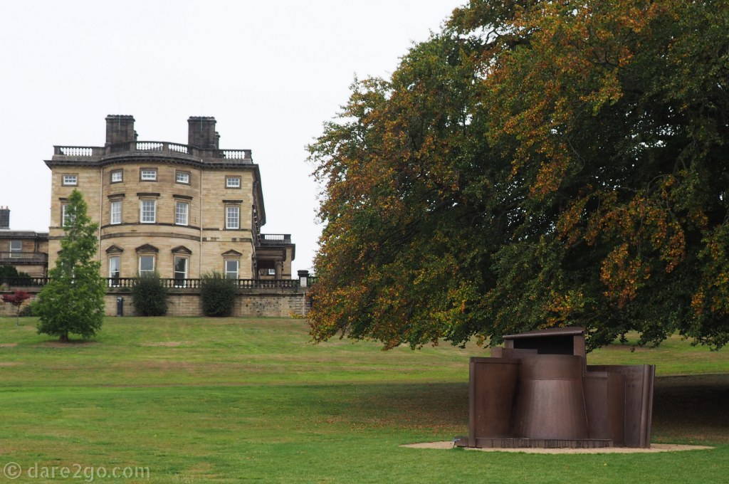 The sculpture "Dream City" by Anthony Caro in front of the historic Bretton Hall. The hall is currently off-limits, as it is being converted into a hotel.