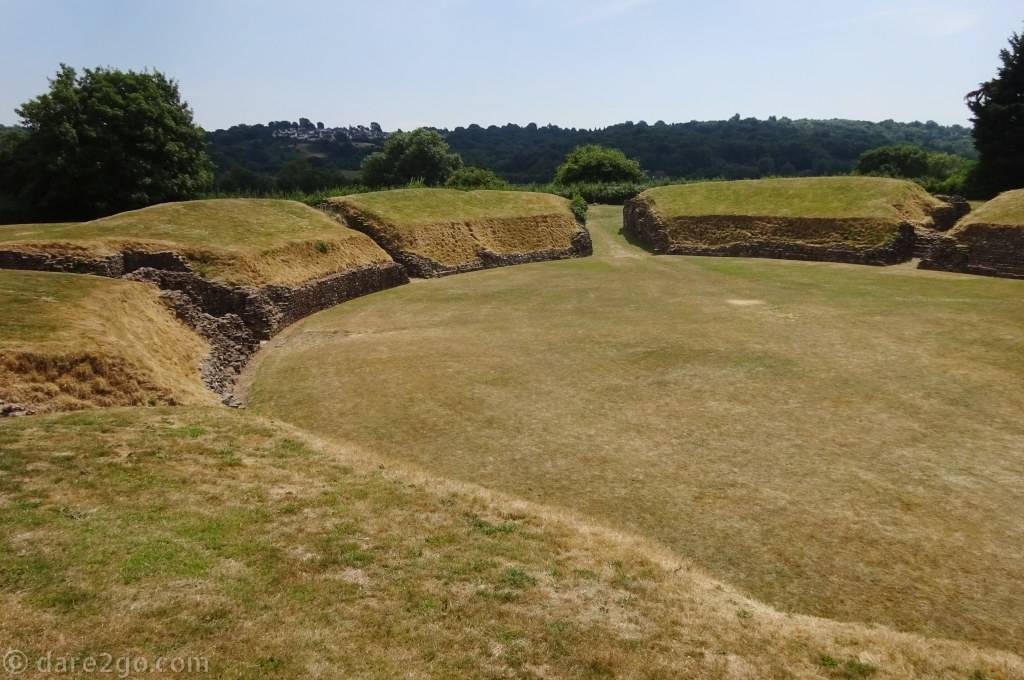 Caerleon Roman Fortress & Baths: the ruin of the amphitheatre is down to its foundations, but the size of this arena, which could seat 6000 spectators, is still impressive.