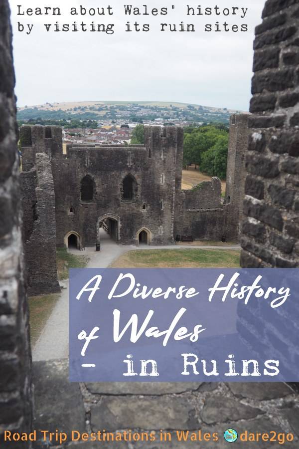 Our PINTEREST image, which shows a view into the courtyard of the Caerphilly castle, with text overlay.