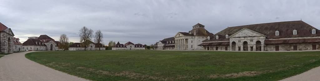 Another panorama photo of the Saline Royale. The buildings forming the half circle were reception, canteen, workshops, and workers' accommodation.