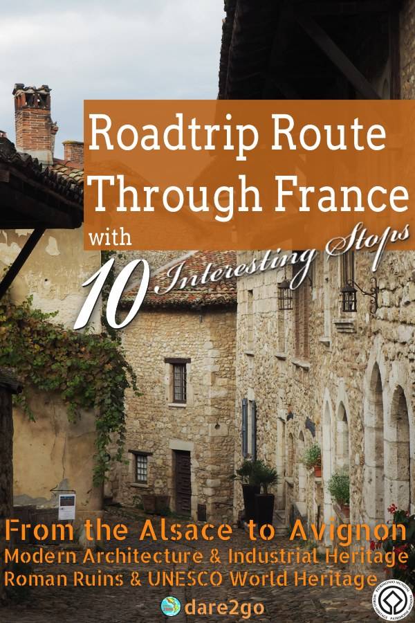 Our PINTEREST image for a road trip in France. It shows a cobbled lane in Perouges.