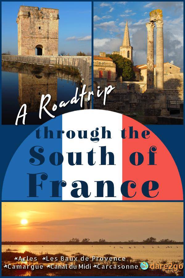 Our PINTEREST image, which shows a collage of three places: the Carbonniere Tower, the Roman theatre in Arles, and a sunset in the Camargue. The image has a text overlay.