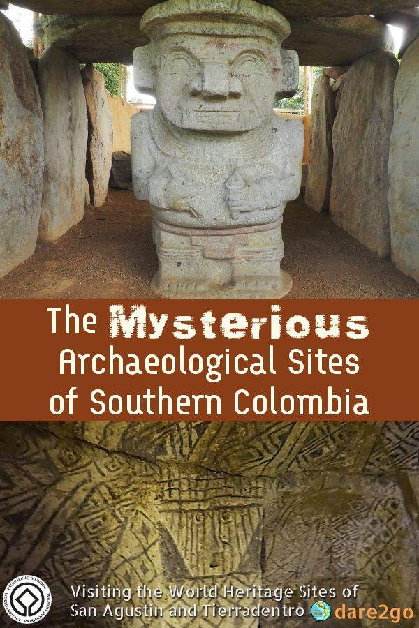 Our PINTEREST image, which shows on the top one of the carved stone figures freom San Agustin, one of the burial caves from Tierradentro at the bottom - with text overlay