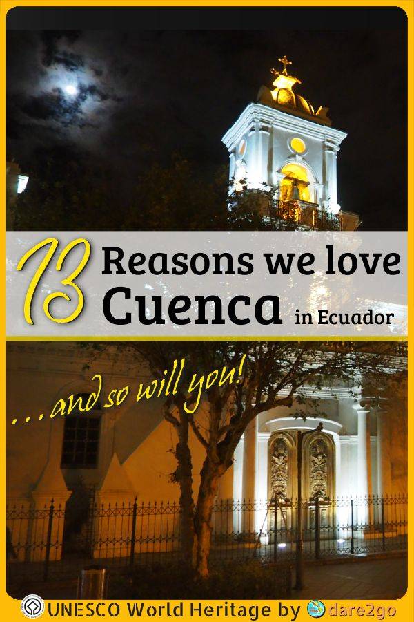Our PINTEREST image, which shows the tower of the old cathedral of Cueanca at night - with text overlay.