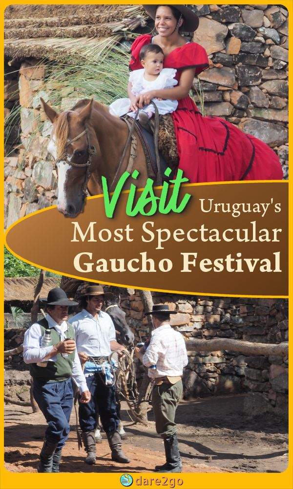 Our PINTEREST image: on top a Gaucho woman sitting on a horse and holding her infant, at the bottom a group of Gaucho men standing together and drinking mate - with text overlay.