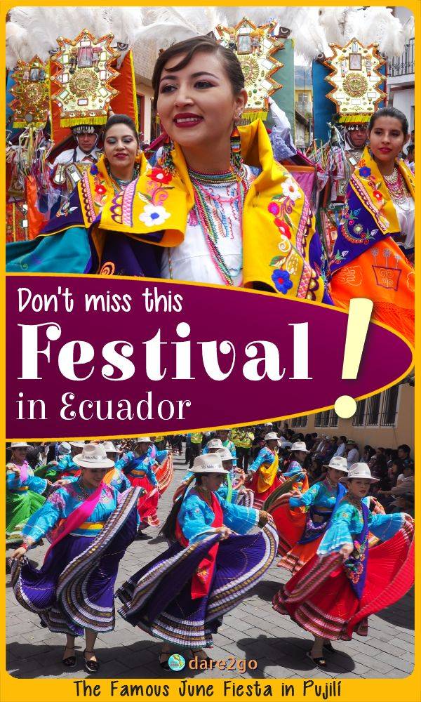 Our PINTEREST image, which shows 2 groups of performers at the Pujili festival - with text overlay.