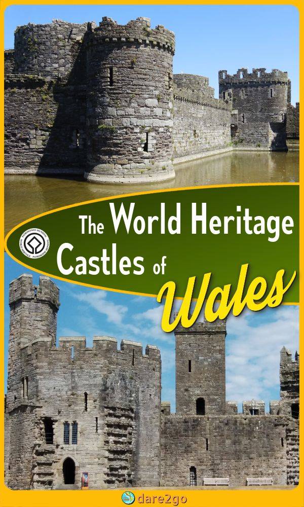 Our PINTEREST image, which shows the Beaumaris Castle on top, the inside of the Caernarfon Castle at the bottom - with text overlay.