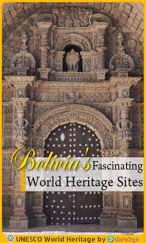Our PINTEREST image, which shows beautiful church entrance in Potosi, one of the WHC sites - with text overlay.