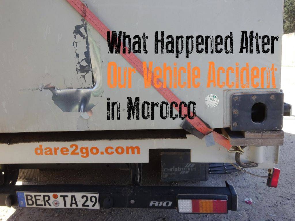 Bertita's backside after our vehicle accident in Morocco. The aluminium is ripped open to expose the insulation.