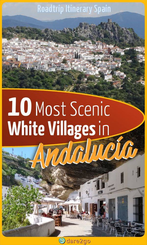 Our PINTEREST image, which shows the white village of Gaucín on top, on the bottom the houses under the rock in Setenil de las Bodegas - with text overlay.