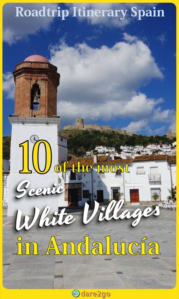 Our PINTEREST image, which shows the white-washed houses and church tower in Jimena de la Frontera, one of the white villages of Andalucía - with text overlay.