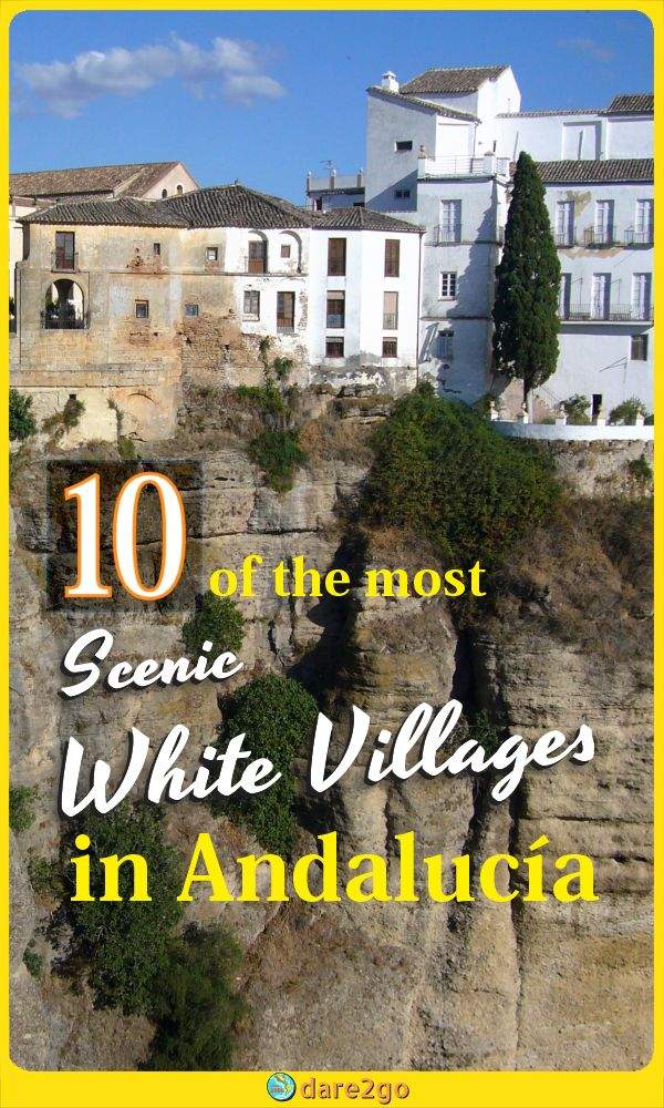 Our PINTEREST image, which shows white-washed houses of Ronda built on the edge of the deep gorge - with text overlay.