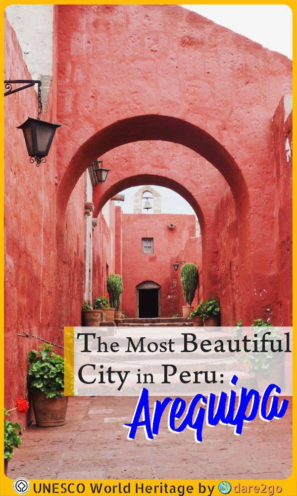 Our PINTEREST image, which shows the stunning dark red buildings at the Santa Catalina Convent in Arequipa - with text overlay.
