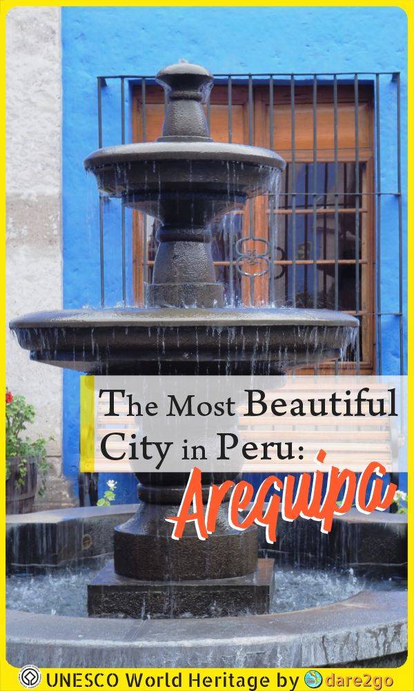 Our PINTEREST image, which shows a stone fountain in front of a bright blue wall, typical of Arequipa - with text overlay.