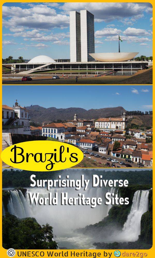 Our PINTEREST image, a collage of photos from Brasilia, Ouro Preto, and Iguacu Falls - with text overlay.