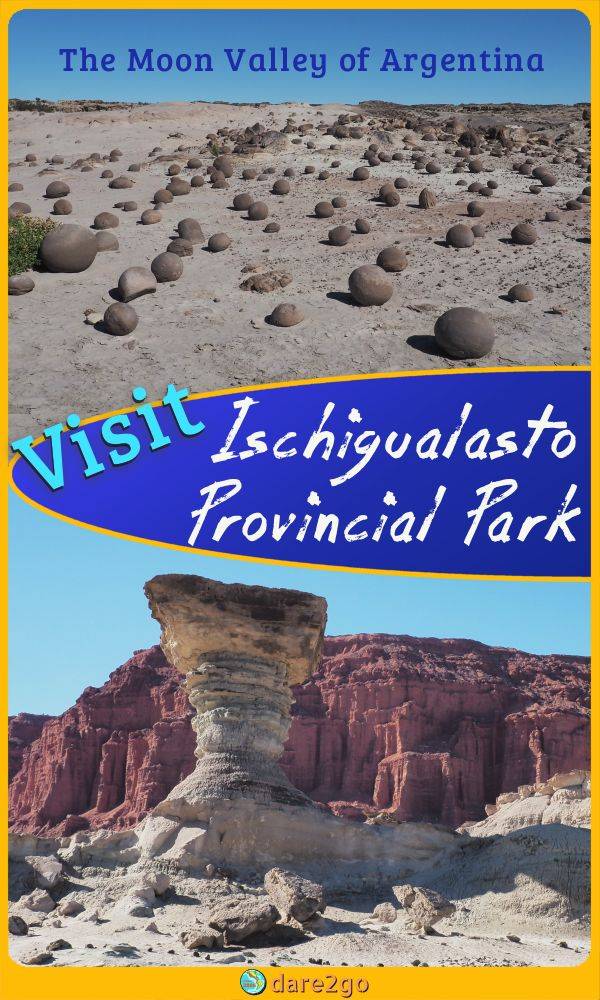 Our PINTEREST image: on top Las Bolas (the strange round balls in the desert), at the a rock called 'El Hongo' (the mushroom) - with text overlay.