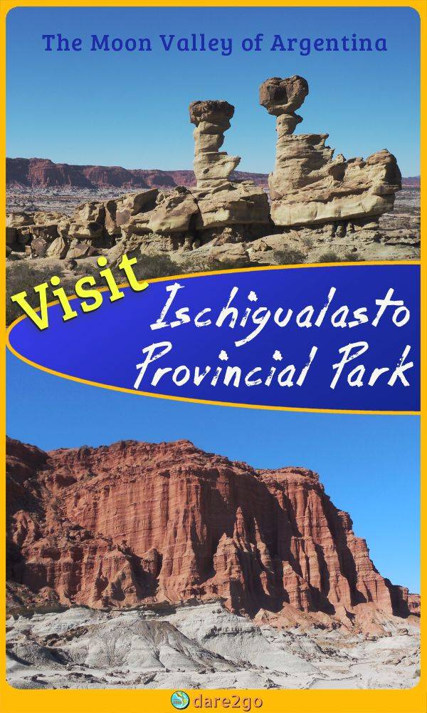Our PINTEREST image, which shows the rock called 'Submarine' on top, some red cliffs of Ischigualesto at the bottom - with text overlay.