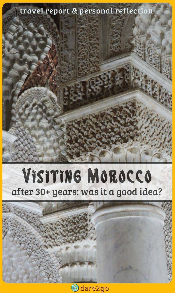Our PINTEREST image, which show a close-up of decorated marble columns in a very oriental style, so typical of Morocco - with text overlay.