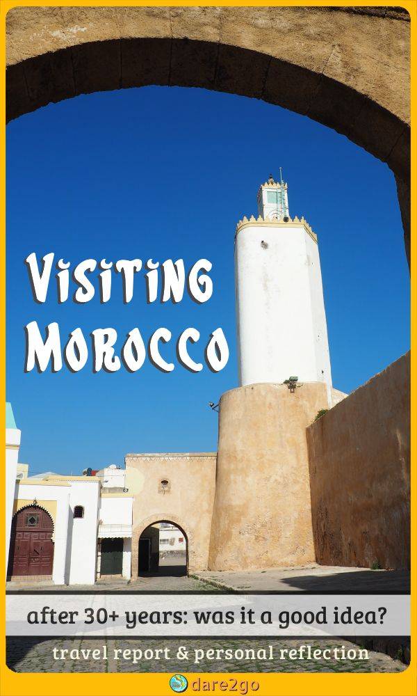 Our PINTEREST image, which shows the minaret in El Jadida, Morocco, photographed through an archway - with text overlay.