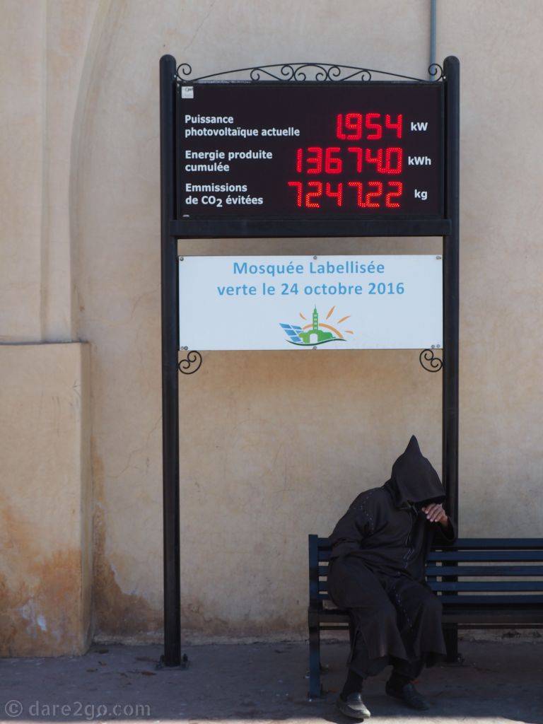 A sign outside the Kasbah mosque in Marrakesh, which shows how much solar energy was harvested from its roof.