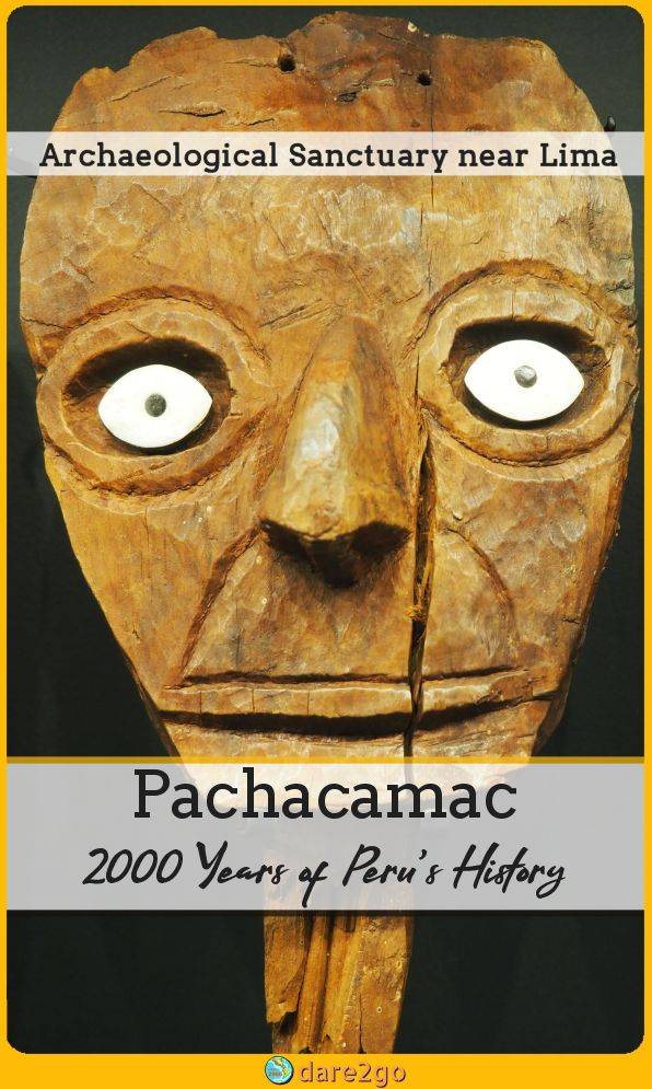 Our PINTEREST image, which shows a wooden face used by the Wari people on the outside funeral bundles - with text overlay.
