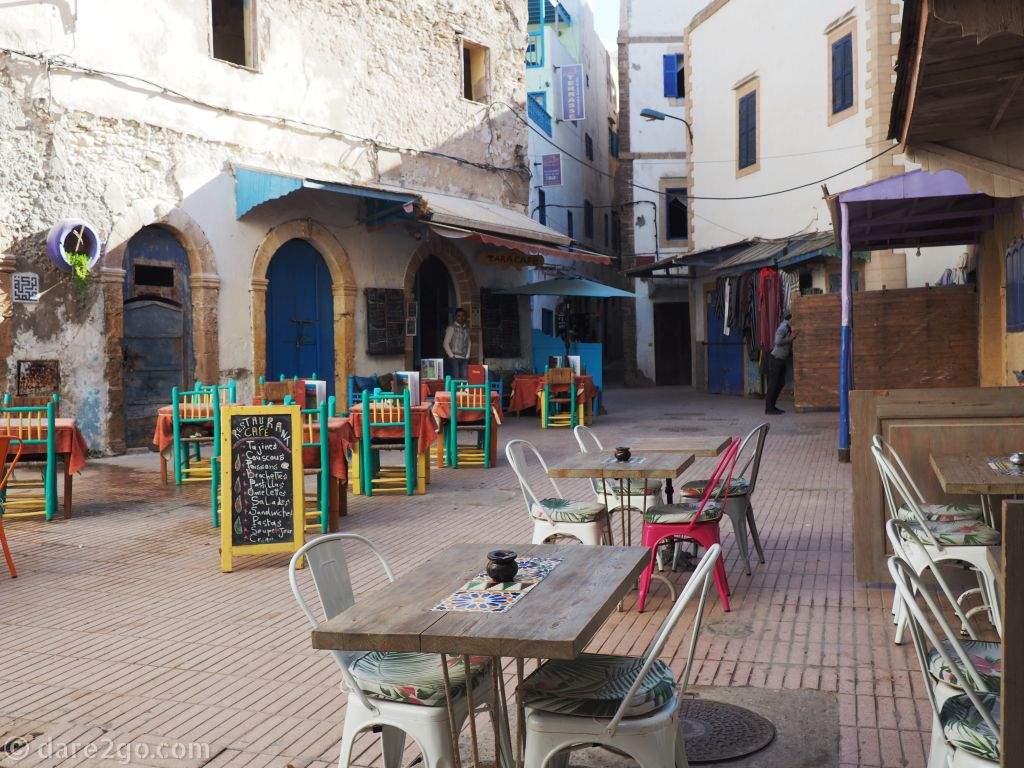A small plaza off the main streets of the Medina of Essaouira. Here there are outdoor tables and chairs of simple restaurants, where you can enjoy a quiet meal or just a coffee.
