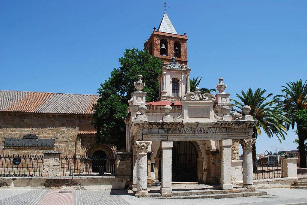 Merida's Basilica of Santa Eulalia with the remains of a Roman Temple of Mars in front.