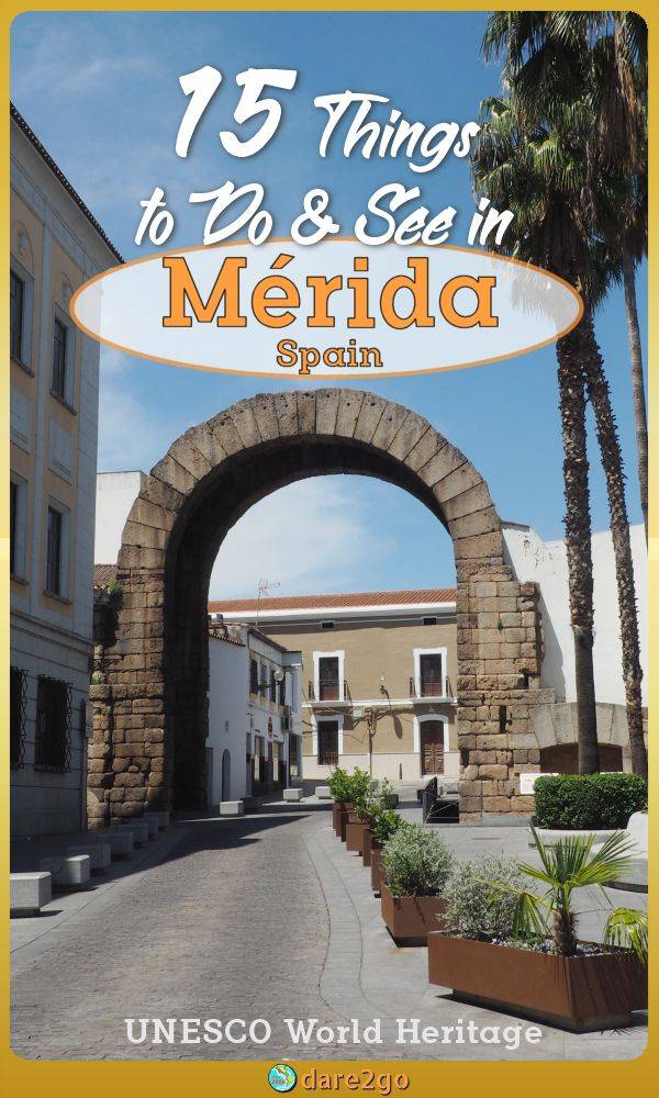 Our PINTEREST image, which shows the Roman Arch of Trajan in Merida - with text overlay.