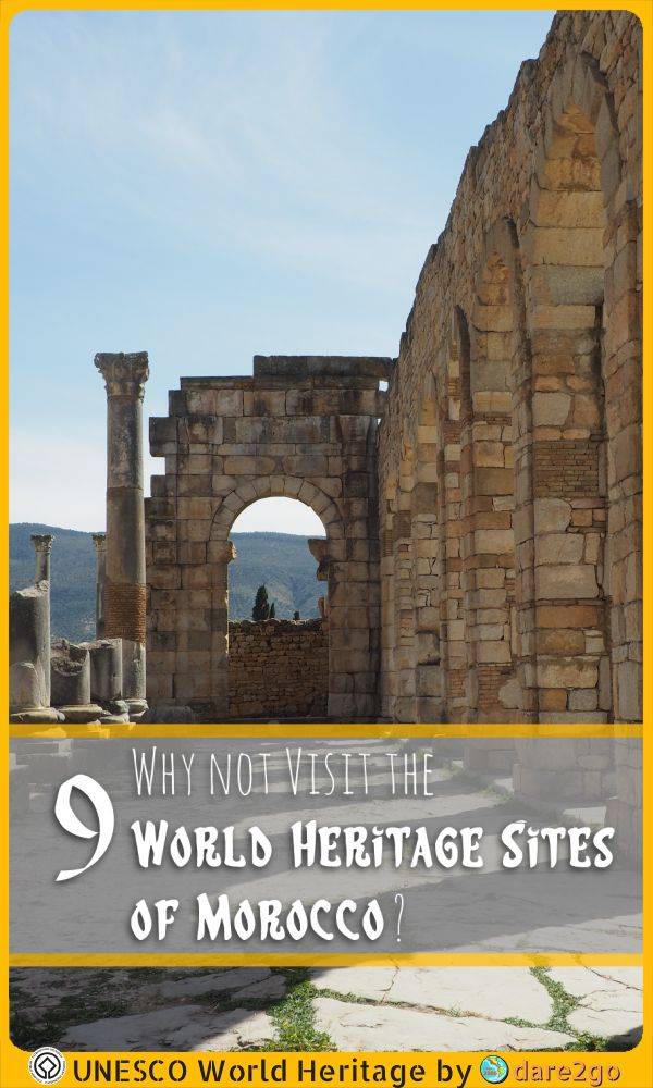 Our PINTEREST image shows part of the Roman ruins of Volubilis in Morocco - with text overlay.