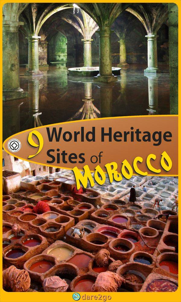 Our PINTEREST image, a collage of the Portugues Cistern in El Jadida on top, the tanneries of Fez at the bottom - with text overlay.
