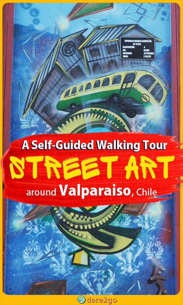 Our PINTEREST image, a street art picture of one of the typical trolley buses of Valparaiso - with text overlay.