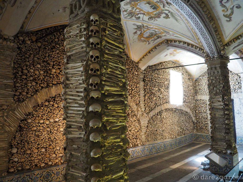 Inside the Chapel of Bones - a chapel decorated with skulls and other assorted human bones.